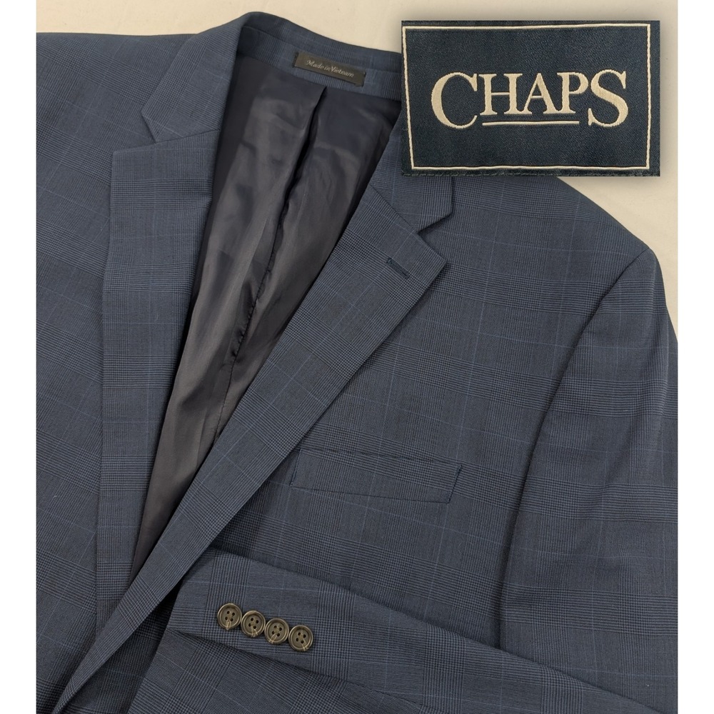 Chaps Blazer Coat‎ Sport Suit Jacket Wool Blend Blue Glenn Check 48L 50" Chest